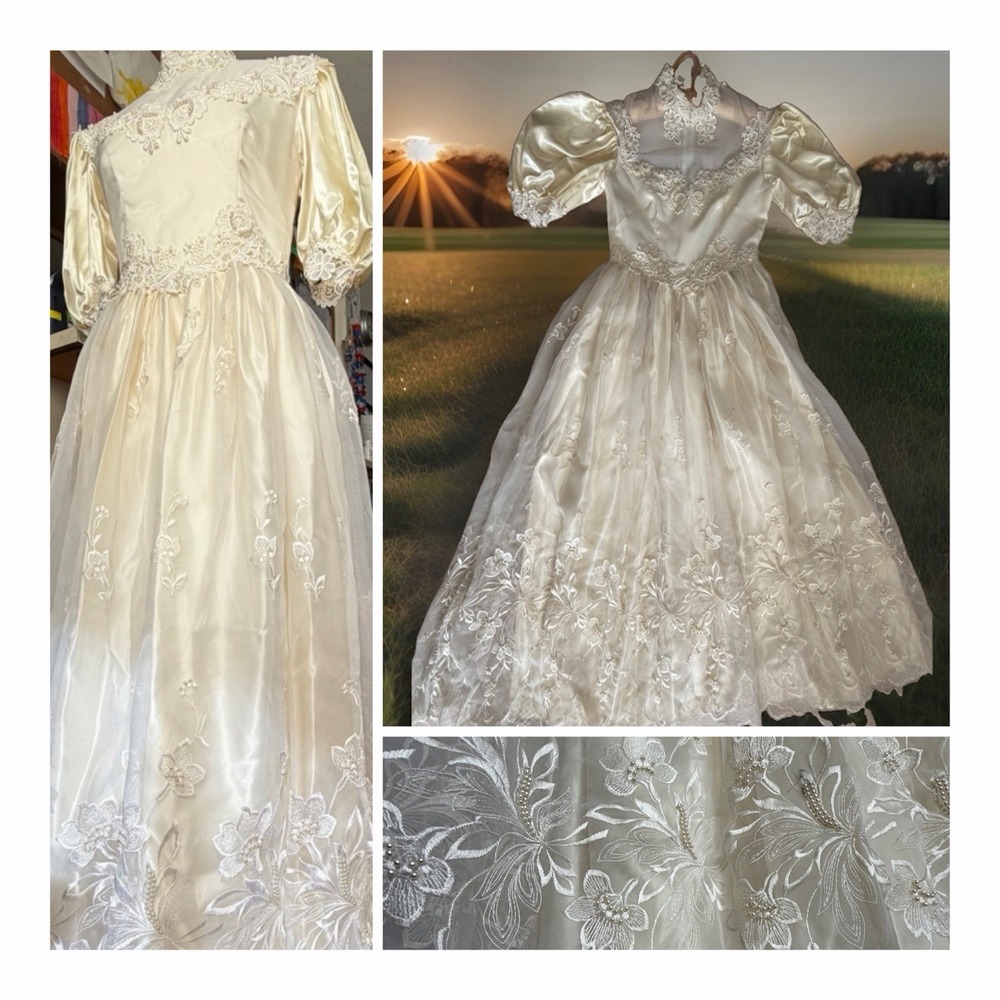 Ivory Wedding Dress US 4 Satin Lace Puff Sleeve Floral Embroidered Bridal Gown S